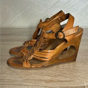 Frye Tan Leather Woven Wedge Sandals